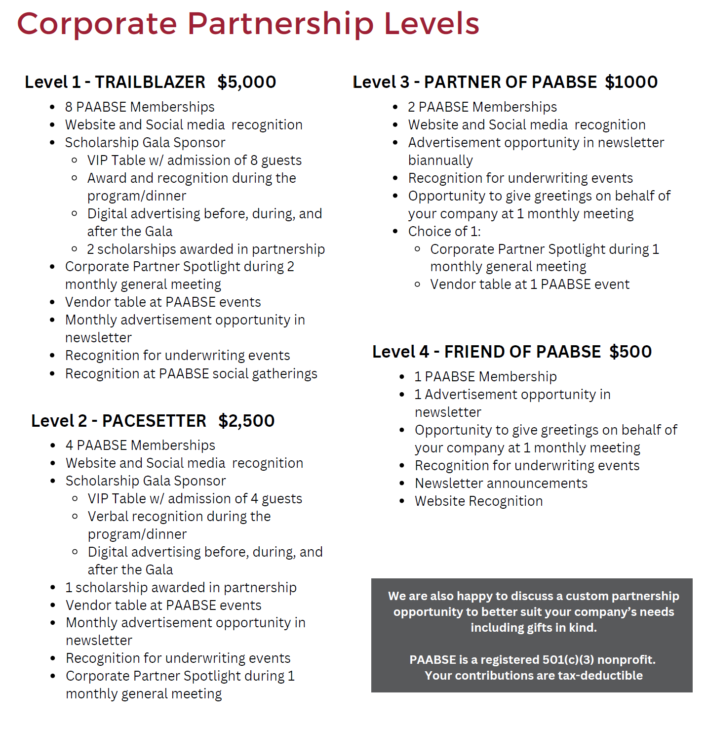 PAABSE Corporate Partnership Levels